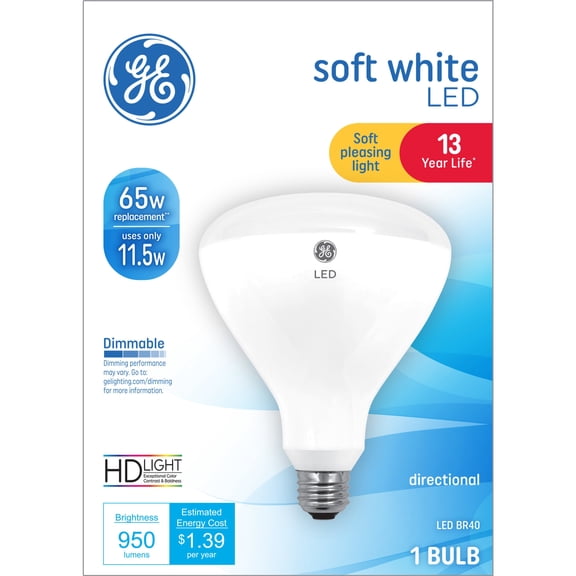 GE LED Light Bulb, 65 Watt, Soft White, BR40 Floodlight, Medium Base, Frosted Finish, 13yr