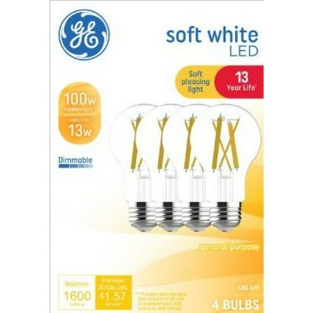 GE LED Light Bulbs, 100 Watt, Soft White, A19 Bulbs, Medium Base, Clear Finish, 13yr, 4pk