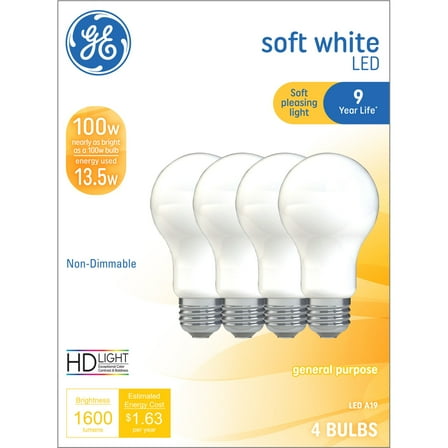 GE LED Light Bulbs, 100 Watt, Soft White, A19 Bulbs, Medium Base, Frosted Finish, 9yr, 4pk