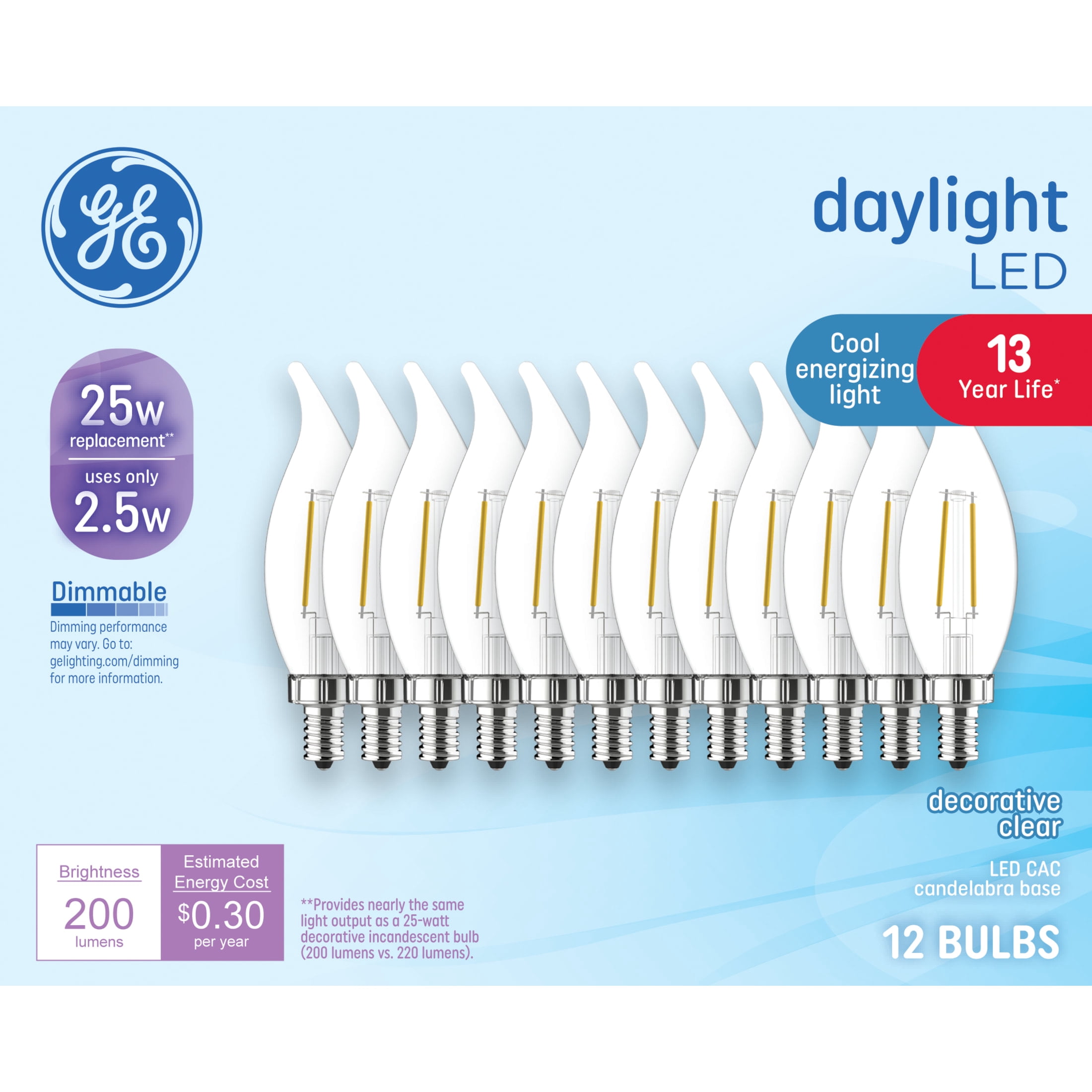 GE LED Light Bulbs, CAC Decorative Candle Bulbs, 25 Watt Replacement, Daylight (12 Pack)