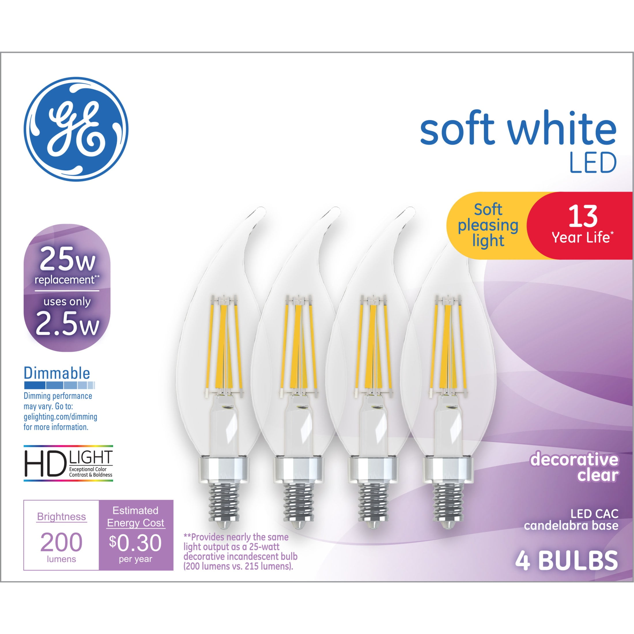 GENERAL ELECTRIC GE LED, Light Bulbs, 25 Watt, Soft White, CA11 Bulbs, Small Base, 13yr, 4pk