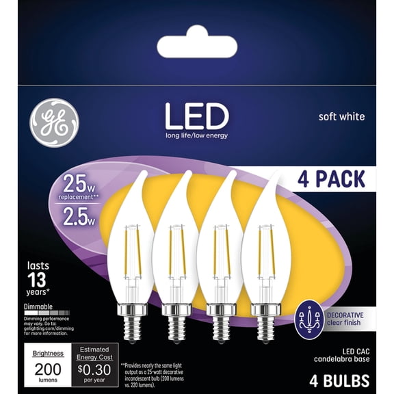 GE Classic LED 25 Watt Replacement, Soft White, CA11 Deco - Candle Bulbs (4 Pack)