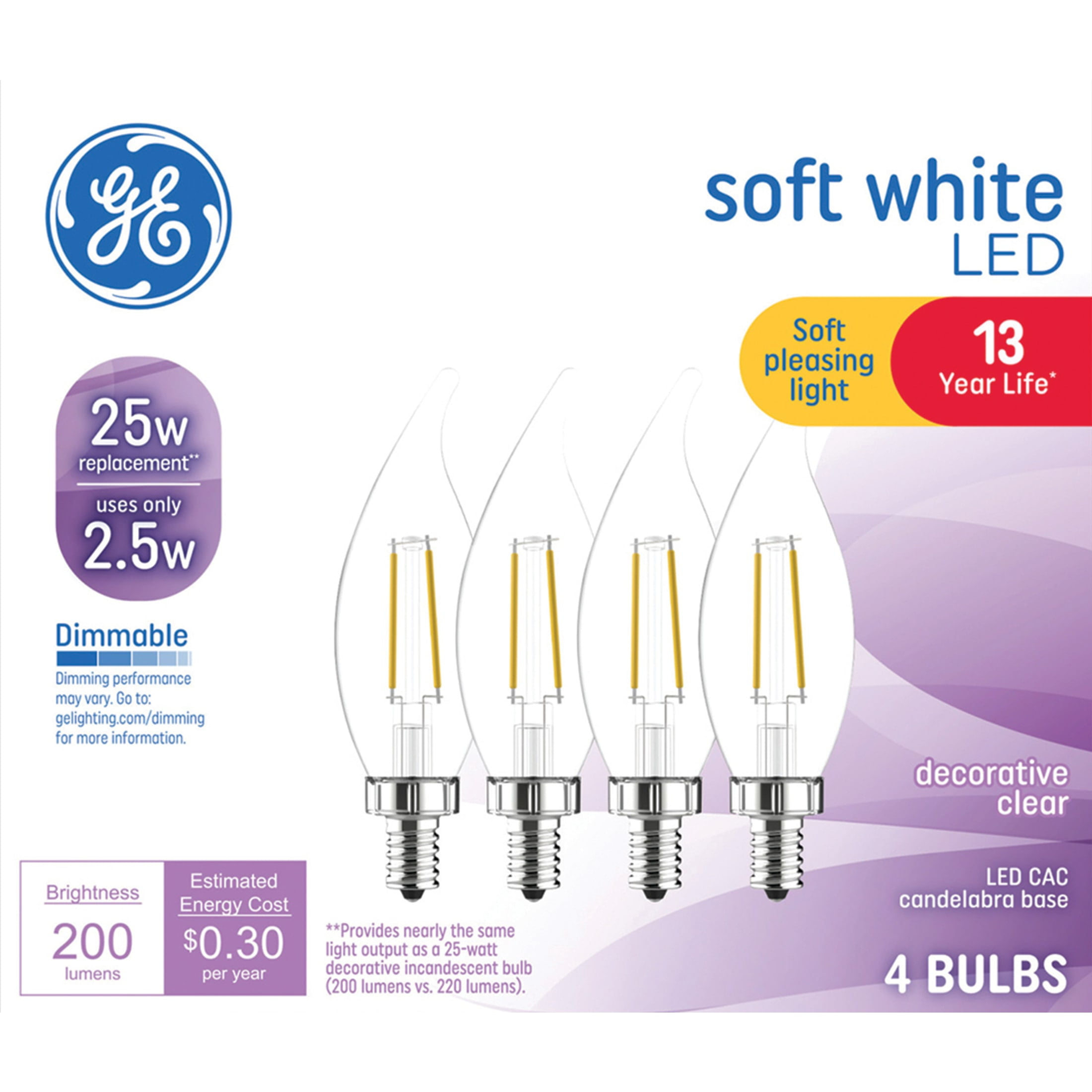 GE 25W Equivalent Clear Dimmable LED Candelabra Bulbs, 4-Pack