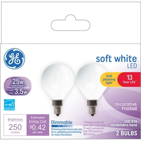 GE LED Light Bulbs, 25 Watt, Soft White, G16.5 Globe Bulbs, Medium Base, 13yr, 2pk