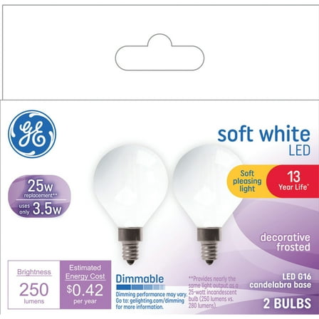 GE LED Light Bulbs, 25 Watt, Soft White, G16 Globe Bulbs, Small Base, 13yr, 2pk