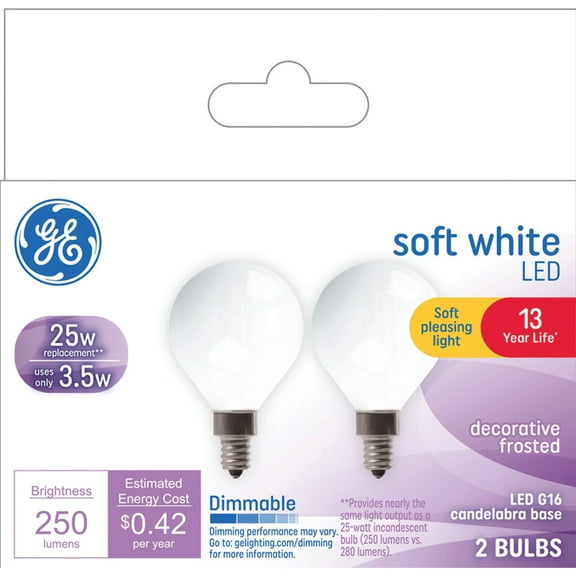 GE LED Light Bulbs, 25 Watt, Soft White, G16 Globe Bulbs, Small Base, 13yr, 2pk