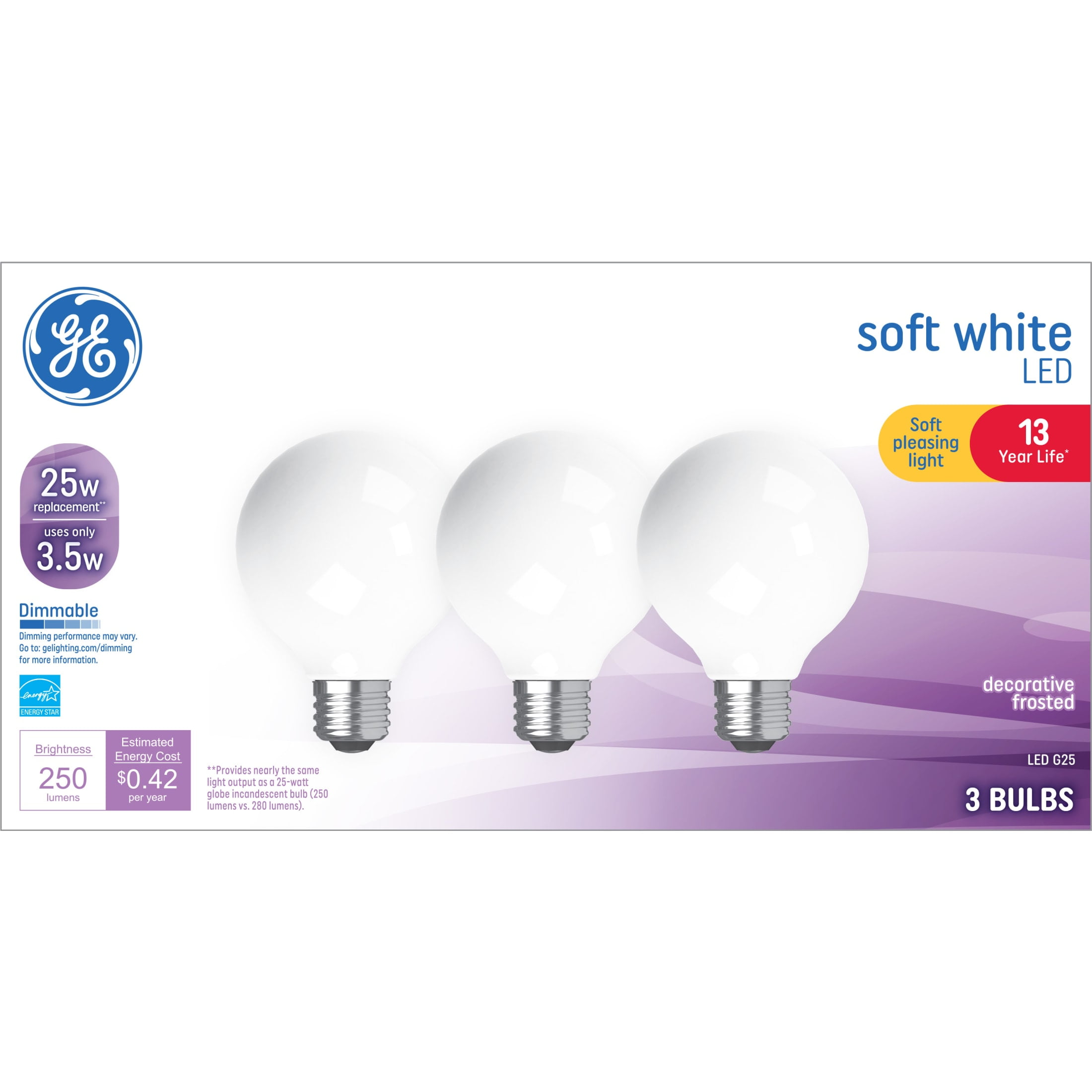 GE LED Light Bulbs, 25 Watt, Soft White, G25 Globe Bulbs, 13yr, 3pk
