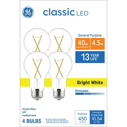 GE LED Light Bulbs, 40 Watts, Bright White, A19 Bulbs, Medium Base, Clear Finish, 13yr, 4pk