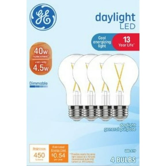 GE LED Light Bulbs, 40 Watts, Daylight, A19 Bulbs, Medium Base, Clear Finish, 13yr, 4pk