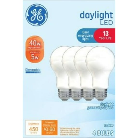 GE LED Light Bulbs, 40 Watts, Daylight, A19 Bulbs, Medium Base, Frosted Finish, 13yr, 4pk