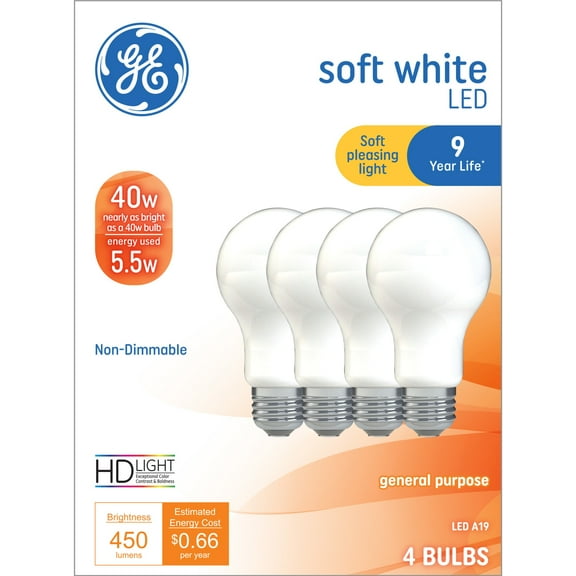 GE LED Light Bulbs, 40 Watts, Soft White, A19 Bulbs, Medium Base, 9yr, 4pk