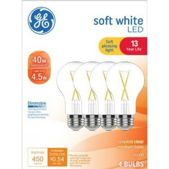 GE LED Light Bulbs, 40 Watts, Soft White, A19 Bulbs, Medium Base, Clear Finish, 13yr, 4pk