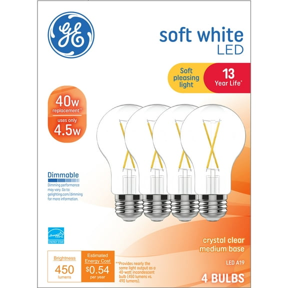 GE LED Light Bulbs, 40 Watts, Soft White, A19 Bulbs, Medium Base, Clear Finish, 13yr, 4pk