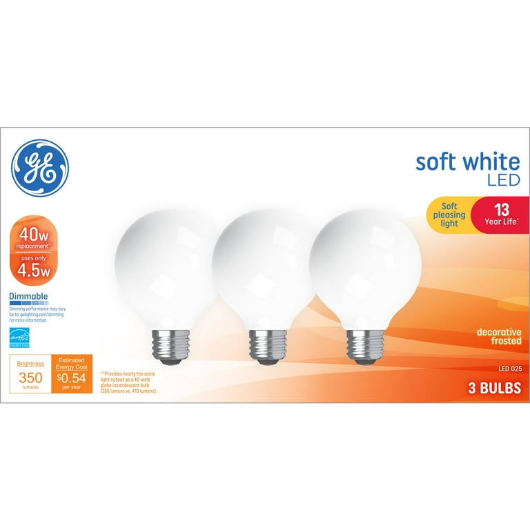 GE LED Light Bulbs 40 Watts Soft White G25 Globe Bulbs 13yr