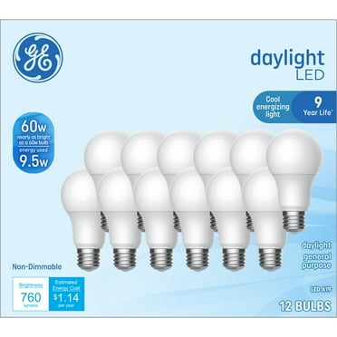 GE LED Light Bulbs, 60 Watt, Daylight, A19 Bulbs, Medium Base, 9yr, 12pk