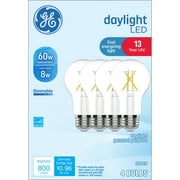 GE LED Light Bulbs, 60 Watt, Daylight, A19 Bulbs, Medium Base, Clear Finish, 13yr, 4pk