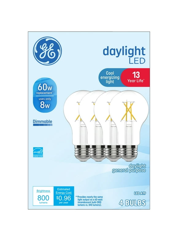 GE LED Light Bulbs, 60 Watt, Daylight, A19 Bulbs, Medium Base, Clear Finish, 13yr, 4pk