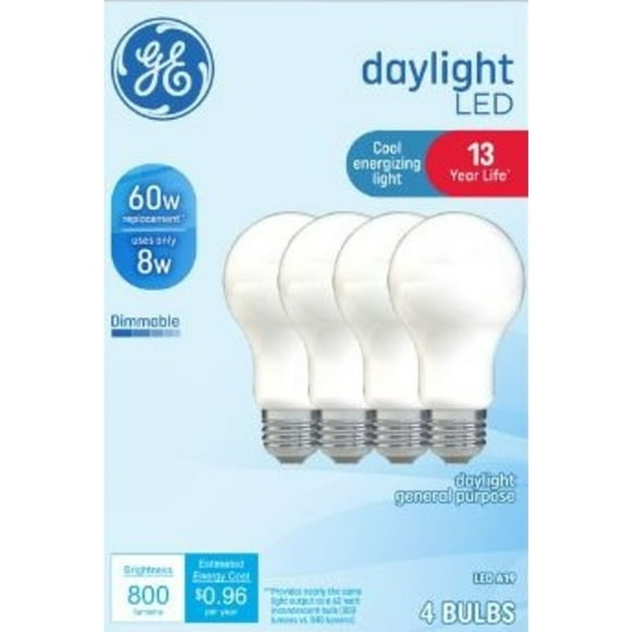 GE LED Light Bulbs, 60 Watt, Daylight, A19 Bulbs, Medium Base, Frosted Finish, 13yr, 4pk