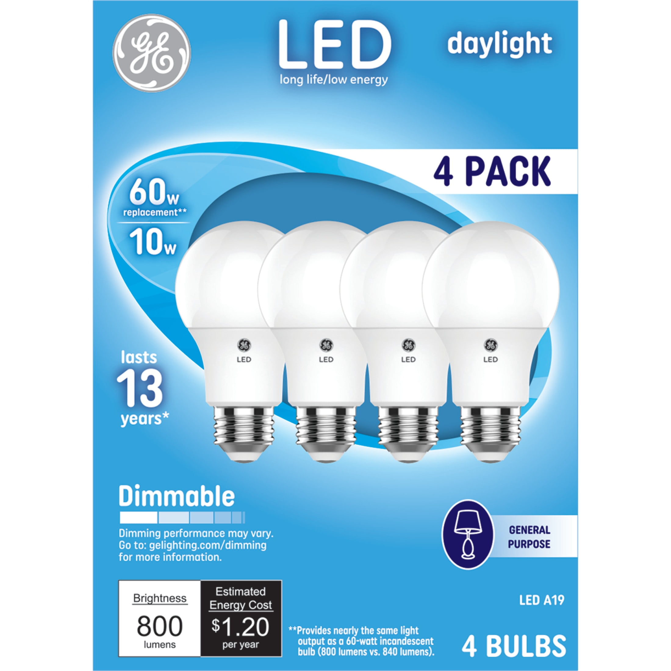 GE LED Light Bulbs, 60 Watt, Daylight, A19 Bulbs, Medium Base, Frosted Finish, 13yr, 4pk