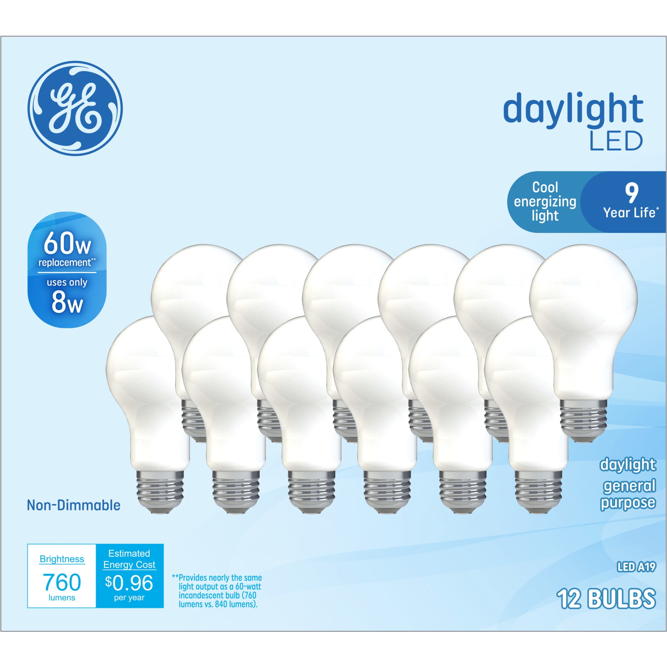 GE LED Light Bulbs 60 Watt Daylight A19 Bulbs Medium Base Frosted Finish 9yr 12pk