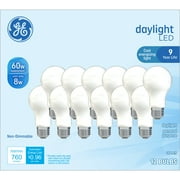 GE LED Light Bulbs, 60 Watt, Daylight, A19 Bulbs, Medium Base, Frosted Finish, 9yr, 12 Pack