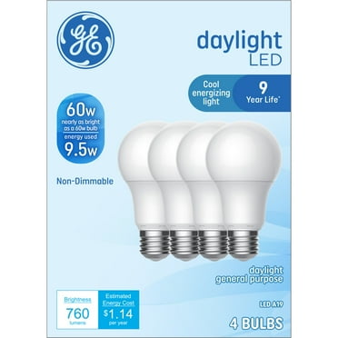 GE LED Light Bulbs, 60 Watt, Daylight, A19 Bulbs, Medium Base, Frosted Finish, 9yr, 4pk