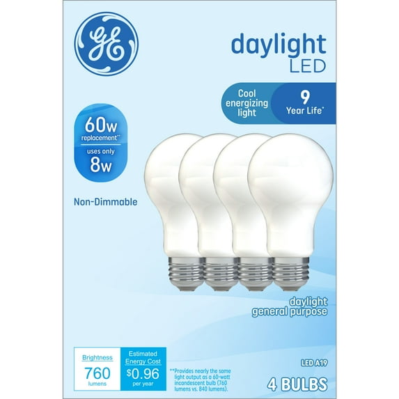 GE LED Light Bulbs, 60 Watt, Daylight, A19 Bulbs, Medium Base, Frosted Finish, 9yr, 4 Pack