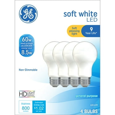 GE LED Light Bulbs, 60 Watt, Soft White, A19 Bulbs, Medium Base, 9yr, 4pk