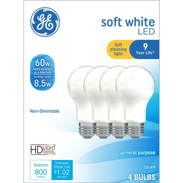 GE LED Light Bulbs, 60 Watt, Soft White, A19 Bulbs, Medium Base, 9yr