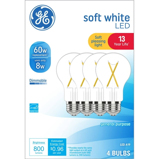 GE LED Light Bulbs, 60 Watt, Soft White, A19 Bulbs, Medium Base, Clear Finish, 13yr, 4pk
