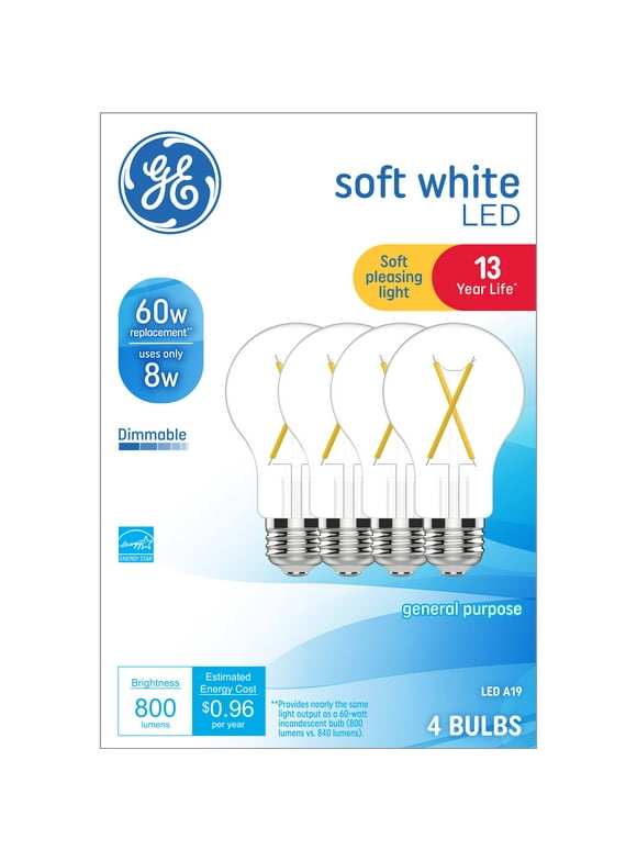 GE LED Light Bulbs, 60 Watt, Soft White, A19 Bulbs, Medium Base, Clear Finish, 13yr, 4pk