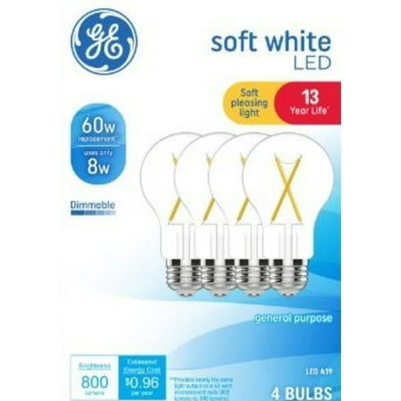 GE LED Light Bulbs, 60 Watt, Soft White, A19 Bulbs, Medium Base, Clear Finish, 13yr, 4pk