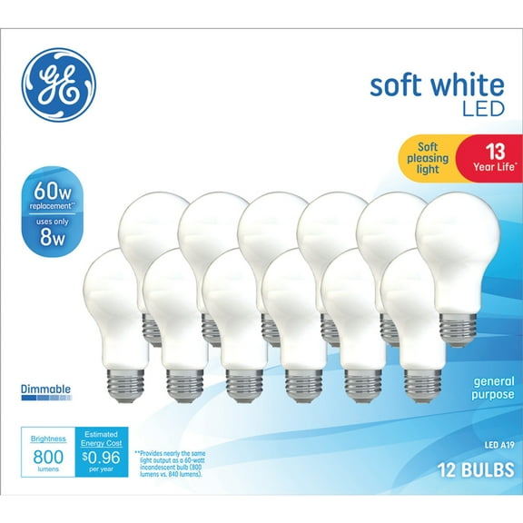 GE LED Light Bulbs, 60 Watt, Soft White, A19 Bulbs, Medium Base, Frosted Finish, 13yr, 12pk