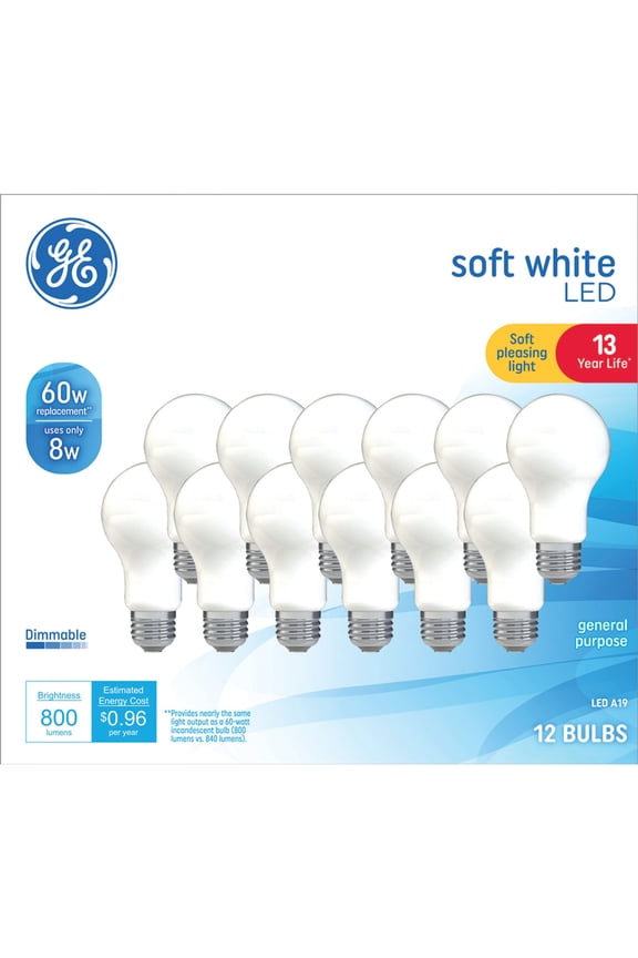 GE LED Light Bulbs, 60 Watt, Soft White, A19 Bulbs, Medium Base, Frosted Finish, 13yr, 12pk