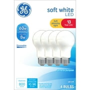 GE LED Light Bulbs, 60 Watt, Soft White, A19 Bulbs, Medium Base, Frosted Finish, 13yr, 4pk