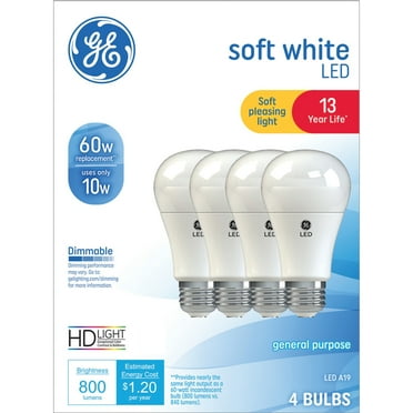 GE LED Light Bulbs, 60 Watt, Soft White, A19 Bulbs, Medium Base, Frosted Finish, 13yr, 4pk