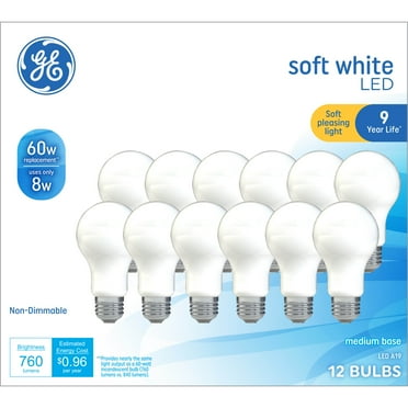 GE LED Light Bulbs, 60 Watt, Soft White, A19 Bulbs, Medium Base, Frosted Finish, 9yr, 12pk