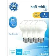 GE LED Light Bulbs, 60 Watt, Soft White, A19 Bulbs, Medium Base, Frosted Finish, 9yr, 4pk