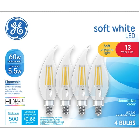 GE LED Light Bulbs, 60 Watt, Soft White, CAC Small Base, Clear Finish, 13yr, 4pk