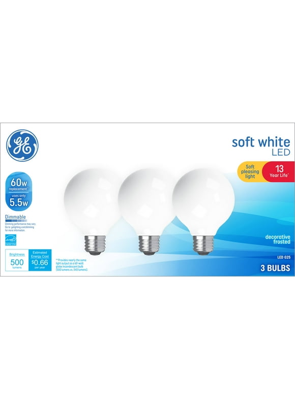 GE LED Light Bulbs, 60 Watt, Soft White, G25 Globe Bulbs, Medium Base, 13yr, 3pk