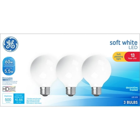 GE LED Light Bulbs, 60 Watt, Soft White. G25 Globe Bulbs, Medium Base, Frosted Finish, 13yr, 3pk