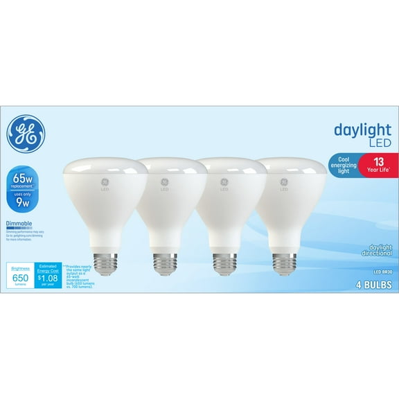 GE LED Light Bulbs, 65 Watt, Daylight, BR30 Floodlights, Medium Base, Frosted Finish, 13yr, 4pk
