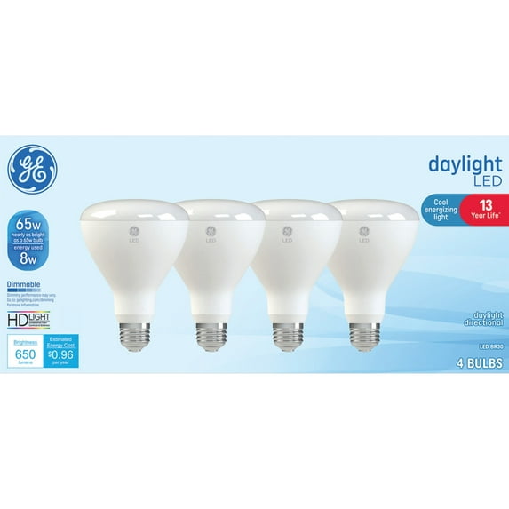 GE LED Light Bulbs, 65 Watt, Daylight, BR30 Floodlights, Medium Base, Frosted Finish, 13yr, 4pk