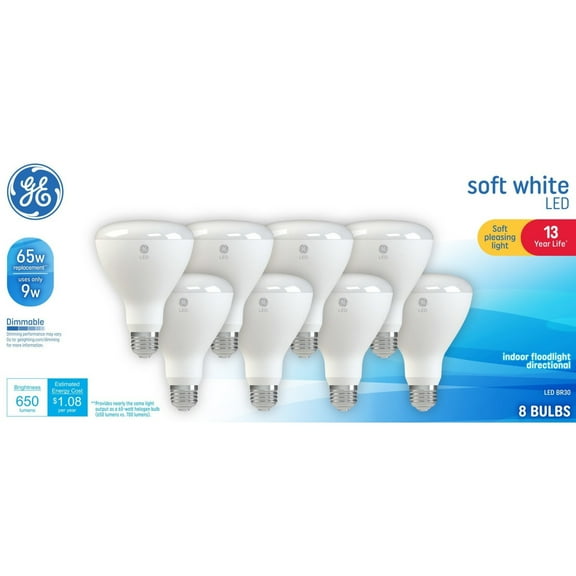 GE LED Light Bulbs, 65 Watt, Soft White, BR30 Floodlights, Medium Base, Frosted Finish, 13yr, 8pk