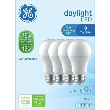 GE LED Light Bulbs, 75 Watt, Daylight, A19 Bulbs, Medium Base, 9yr, 4pk