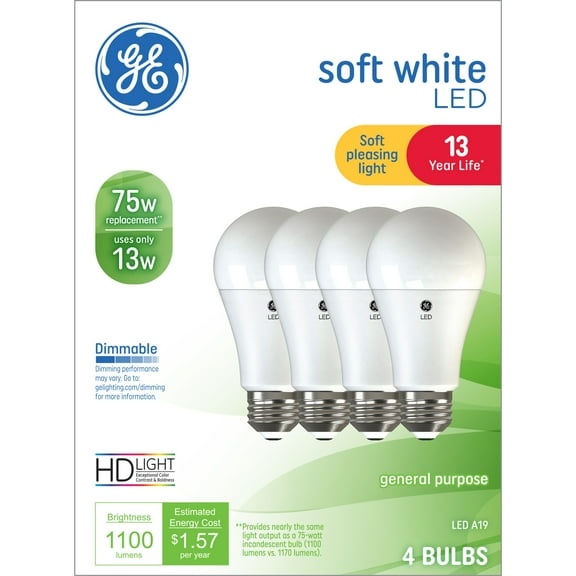 GE LED Light Bulbs, 75 Watt, Soft White, A19 Bulbs, Medium Base, Frosted Finish, 13yr, 4pk
