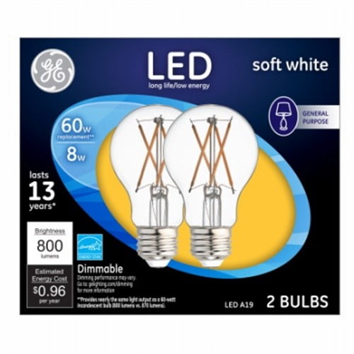 GE LED Light Bulbs, Soft White Clear, 8-Watts, 800 Lumens, 2-Pk.