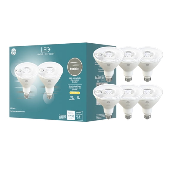 GE LED+ Motion Sensor LED Light Bulb, PAR38 Outdoor Security Floodlight, Warm White (6 Pack)