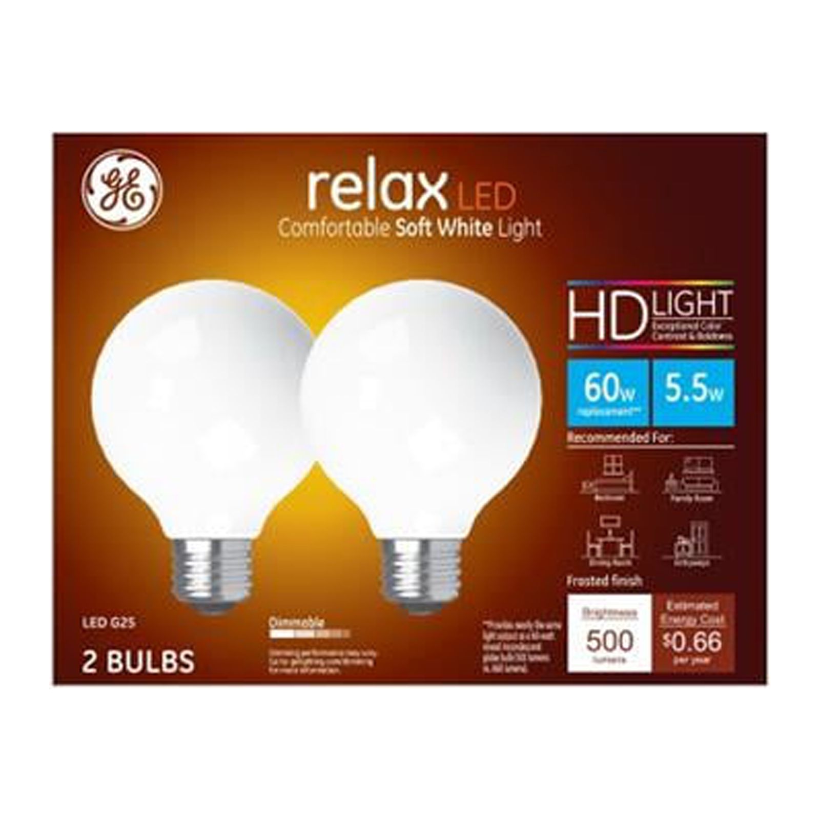 GE Lighting 258475 5.5 watt G25 Shape LED Bulb, Pack of 2