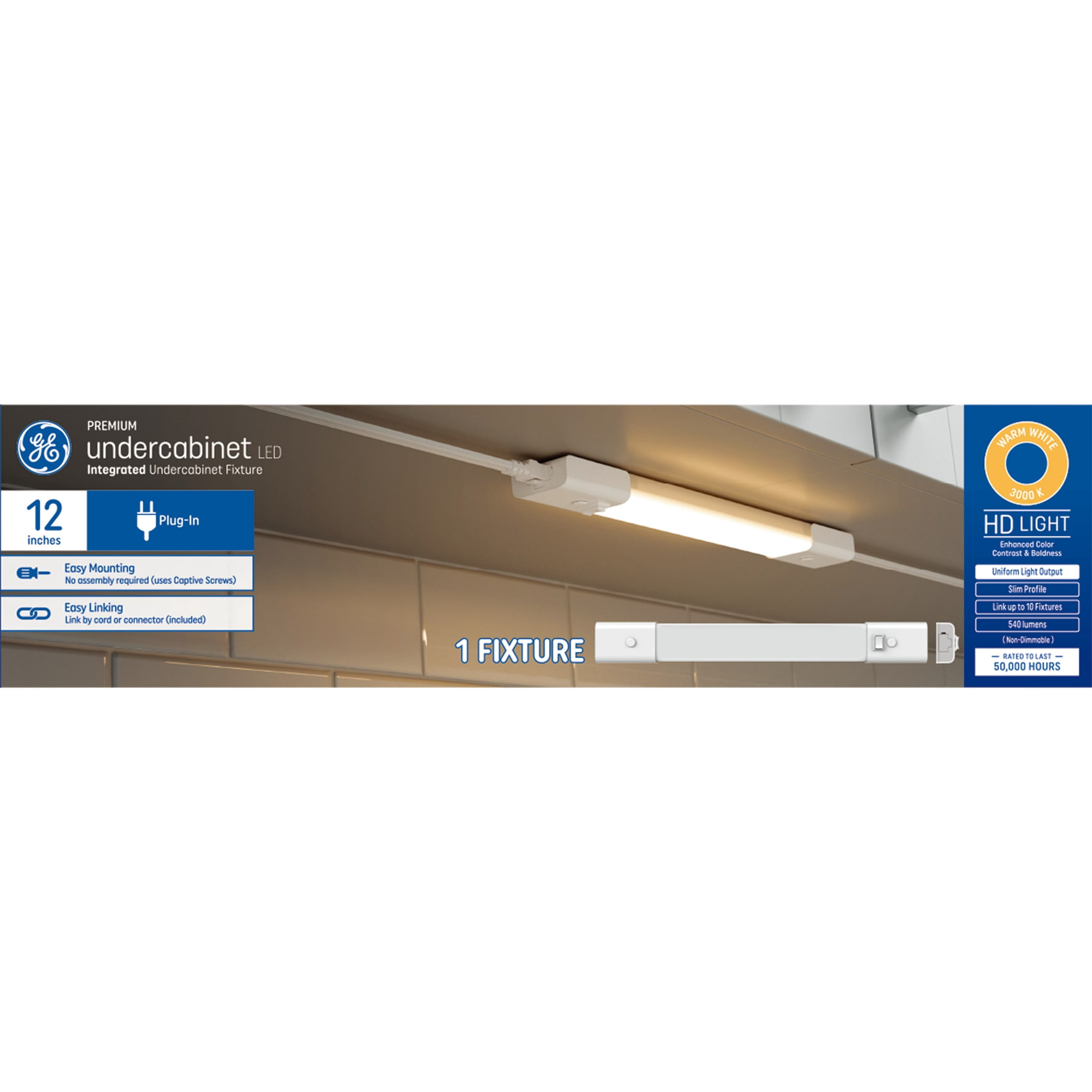 GE LED Slim Undercabinet Light Fixture, 12-inches, Warm White, Linkable